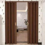 Brown wood-look folding door open to modern living room