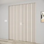 Closed beige folding partition doors with white handles