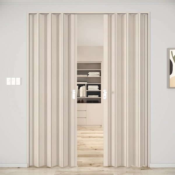 Cream PVC accordion doors partially open to home office