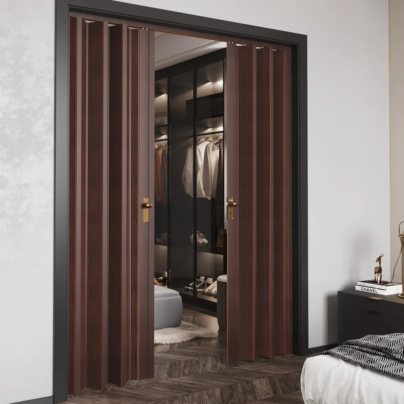 Dark wood grain PVC folding door for a walk-in closet