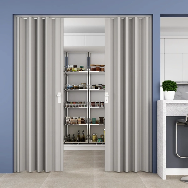 Grey PVC folding pantry door open to kitchen shelves
