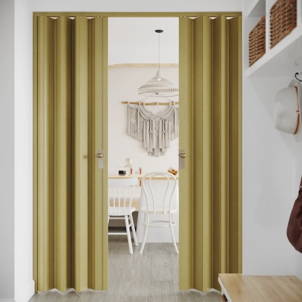 Half-open olive green PVC folding door for home