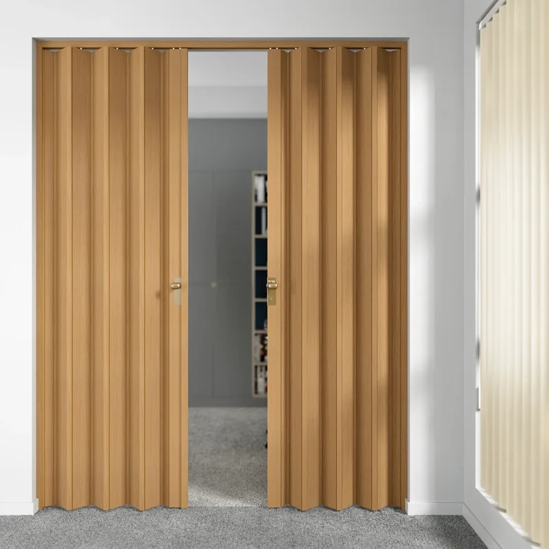 Light wood grain PVC folding door leading to a room
