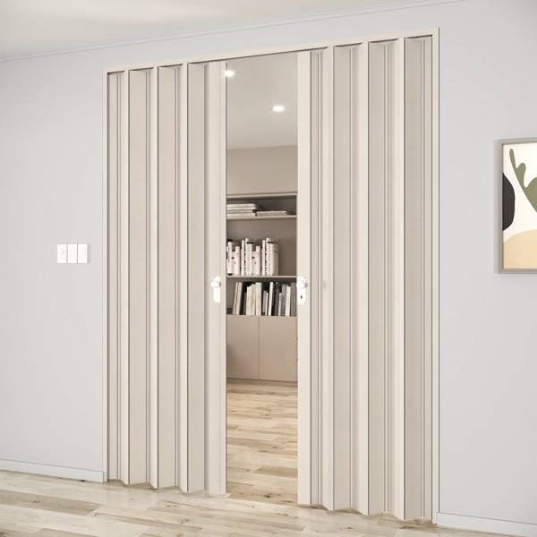 Modern white folding doors opening into a library room.