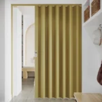 Partially open single olive green folding door.