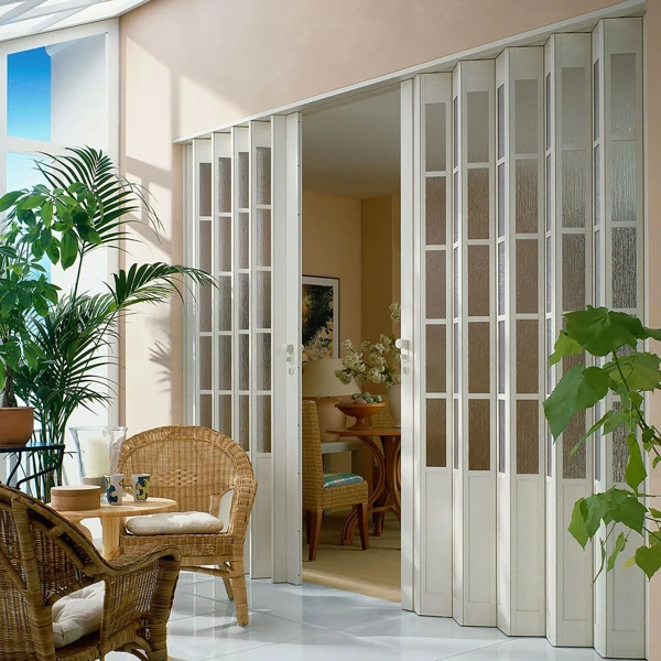 White PVC accordion door with acrylic panels