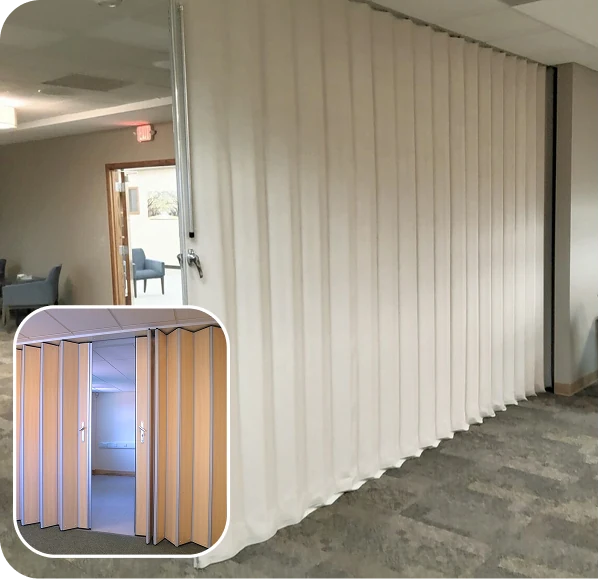 White PVC folding door in an office with wood inset