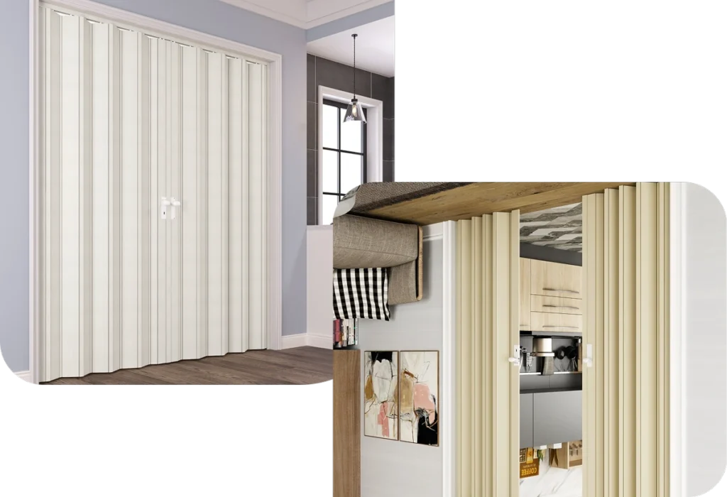 White and cream PVC folding doors for room partitions