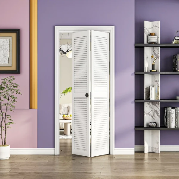 White louvered folding door in a modern room.